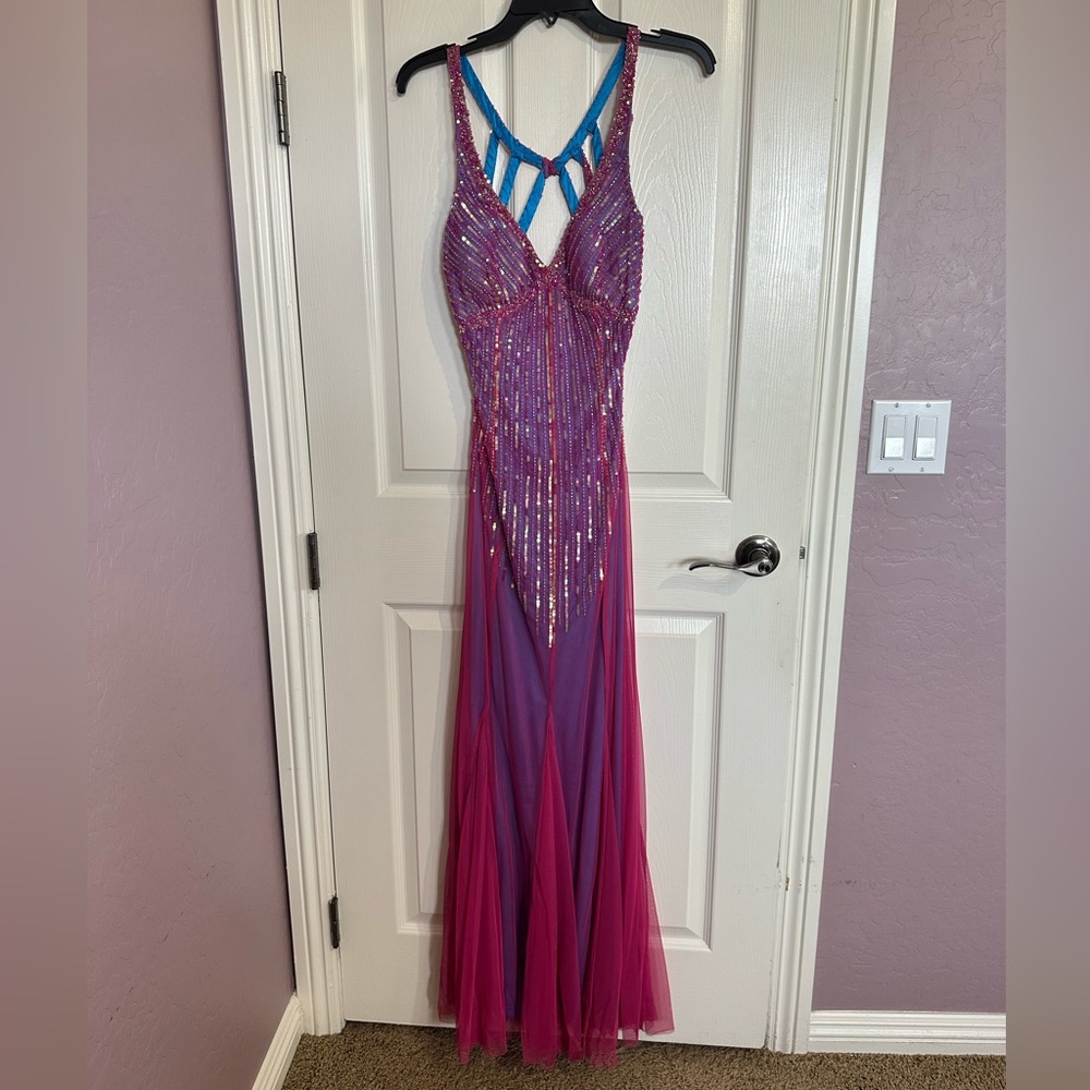 LIKE NEW NightWay Pink and Blue Prom Dress embellished, beaded, and sequin